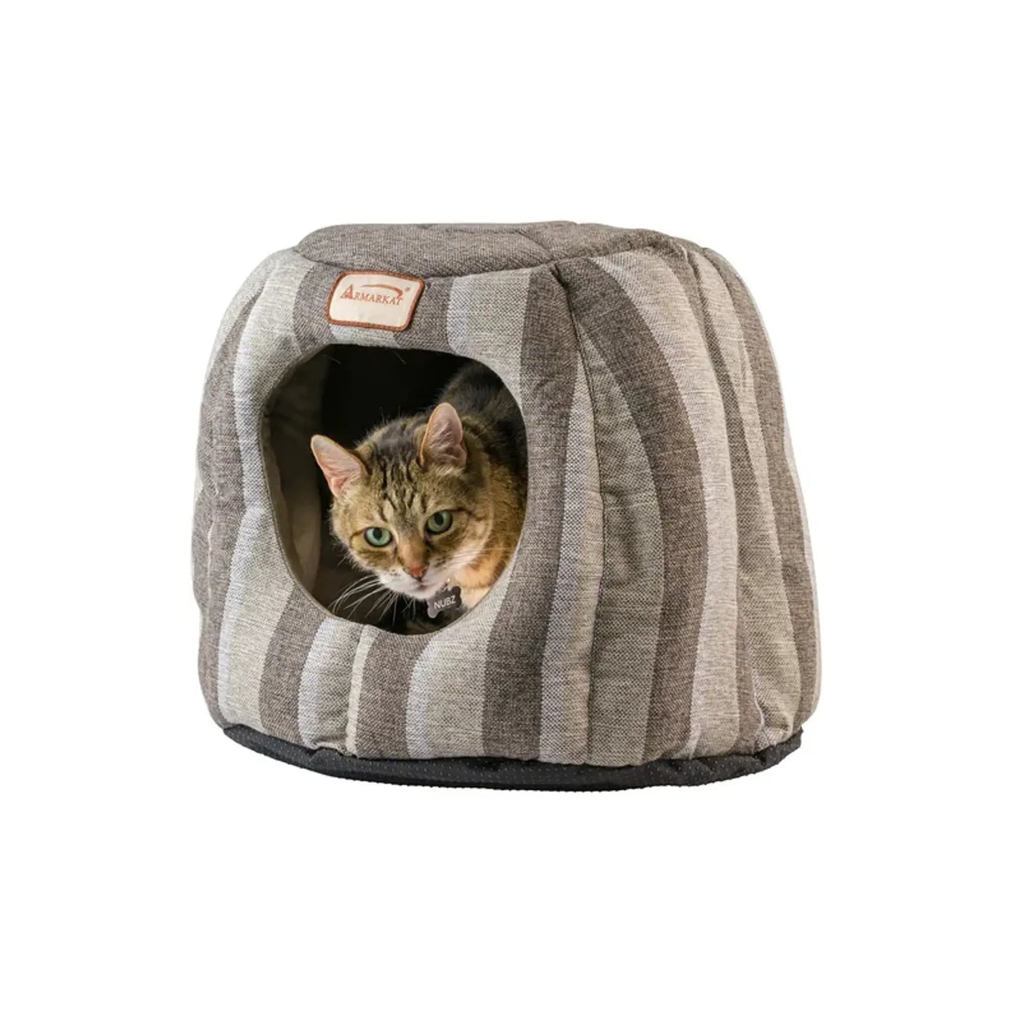 Armarkat Cat Cave shape bed with anti-slip base and cushion mat, 20x20x14 inches.