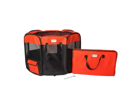 Portable pet playpen in black and red with carry bag, mesh vents, and exterior pockets.
